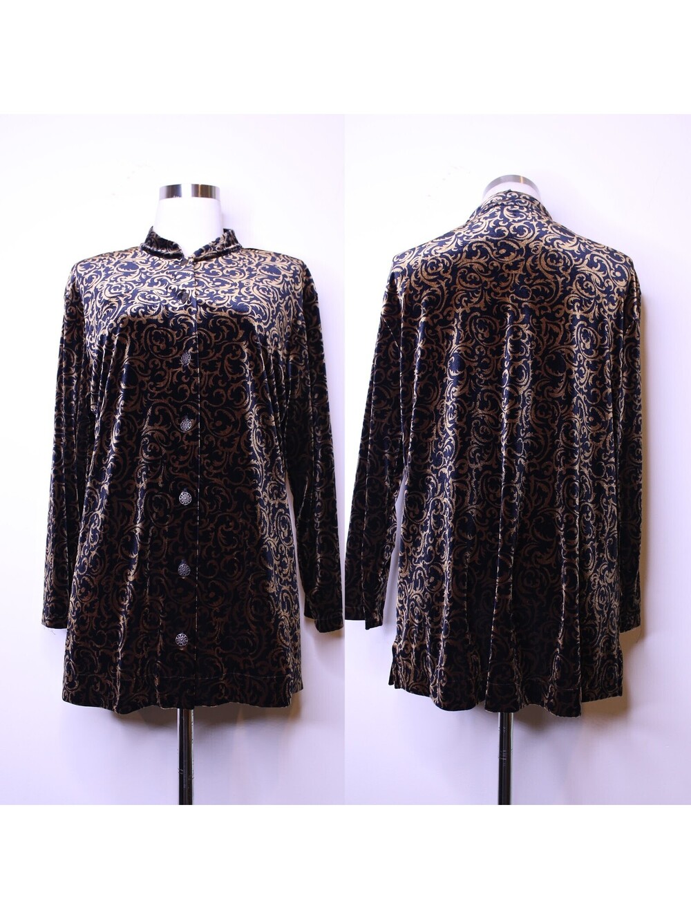 VTG Black Tan Velvet Button Down Blouse - Large